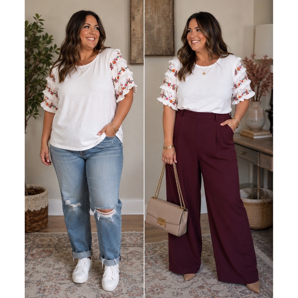 Cato Plus Embroidered Floral Ruffle Sleeve Tunic Top 18/20W White